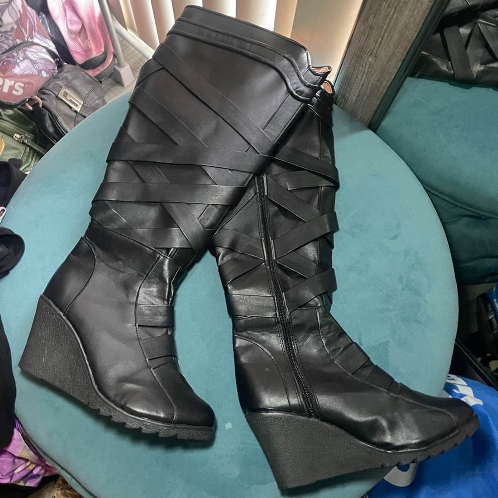 Black Knee High Wedge Boots